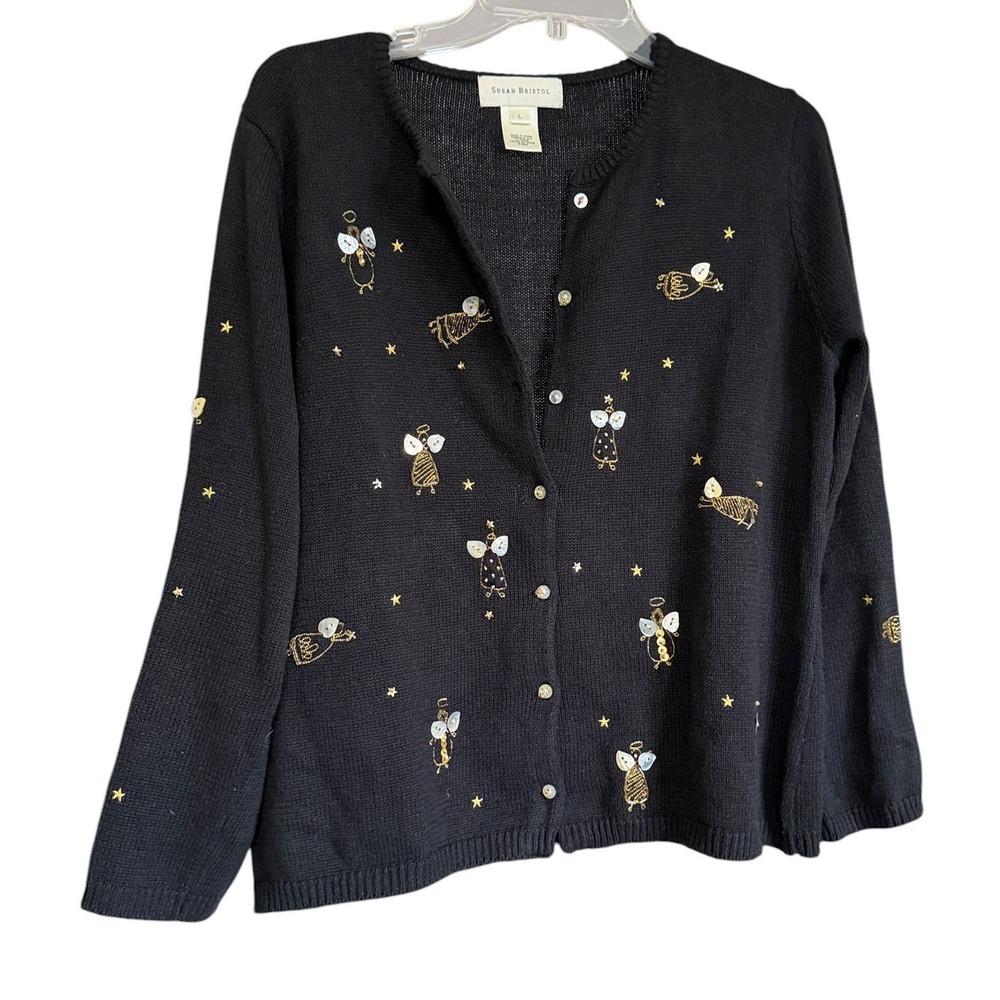 Susan Bristol Vintage Black Angel Star Embroidered Cardigan Sweater L Whimsy
